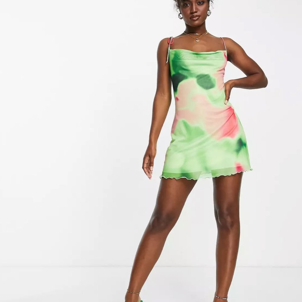 Stradivarius Mesh Cami Mini Dress - Green and Pink